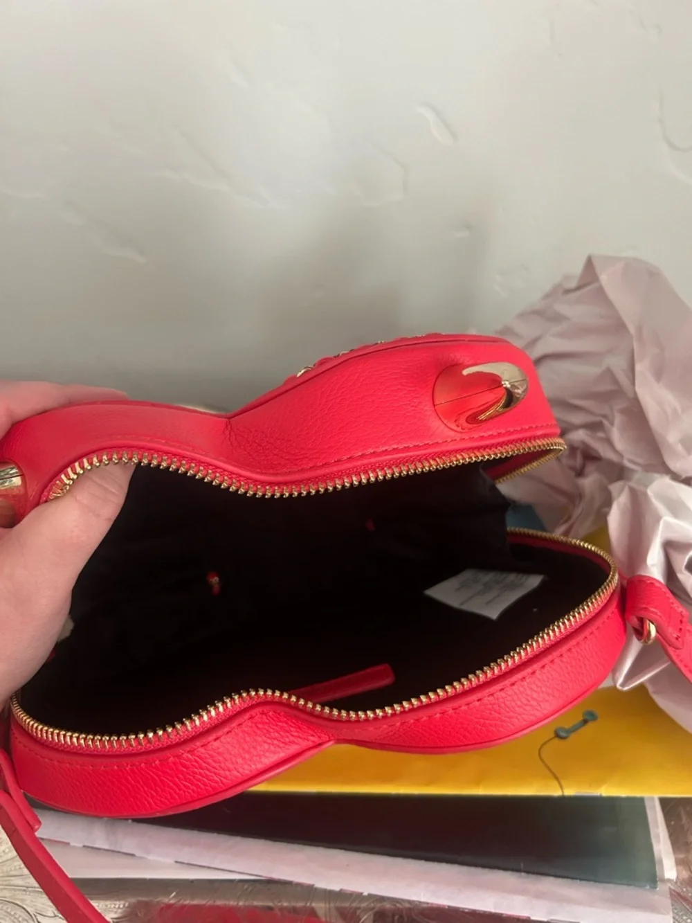 Betsey Johnson Red Glitter Heart Crossbody with Gold Devil Horn Detail - Picture 4 of 5